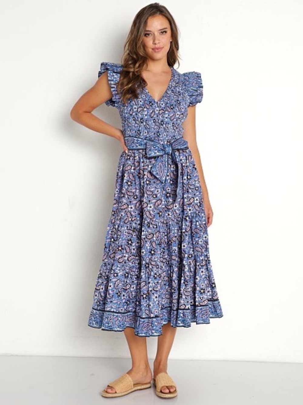 Cleobella Blue Paisley Autumn Midi Dress with Tie Waist | Size Small
